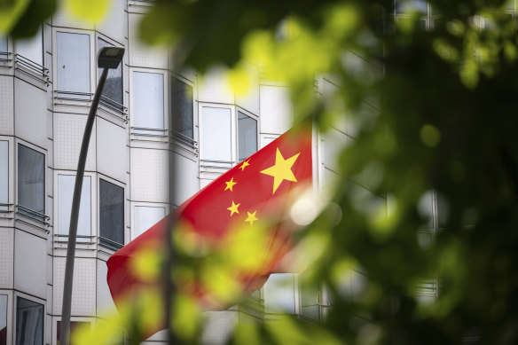The Chinese flag flies in front of the Chinese embassy in Ber;in on Monday.