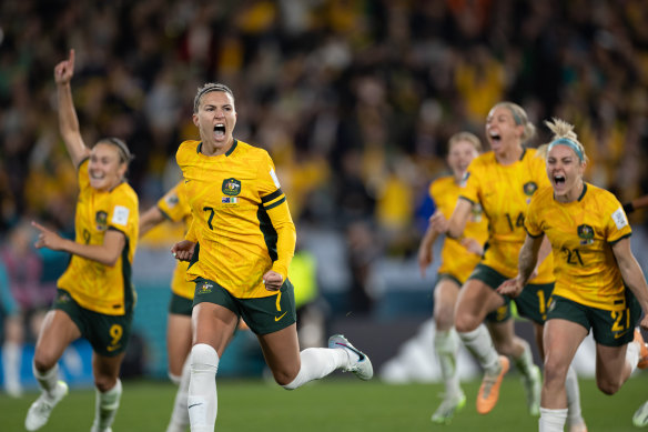 Steph Catley celebrates after scoring the Matildas’ winning goal.