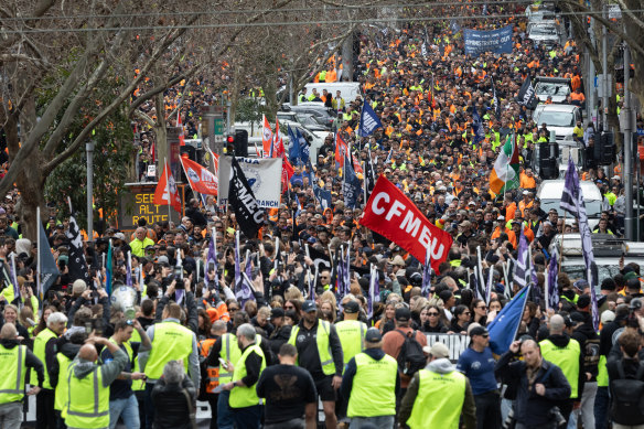 The CFMEU rally in Melbourne drew an estimated 50,000 to the city streets on Tuesday.