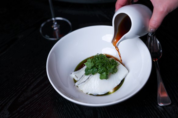 Steamed toothfish, silken tofu, ginger and spring onion.