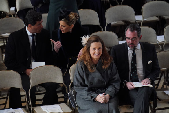 Princess Alexia of Greece, Prince Nikolaos of Greece, (second row from left to right) Carlos Morales and Princess Tatiana of Greece attend the service.
