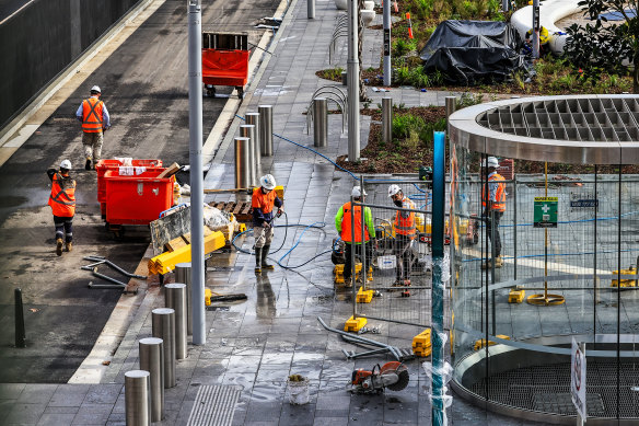 Construction workers on the Barangaroo Sydney Metro station.
