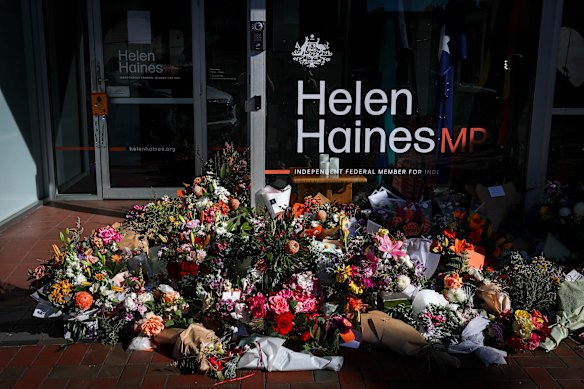Flowers laid in front Helen Haines’ office in Wangaratta last week
