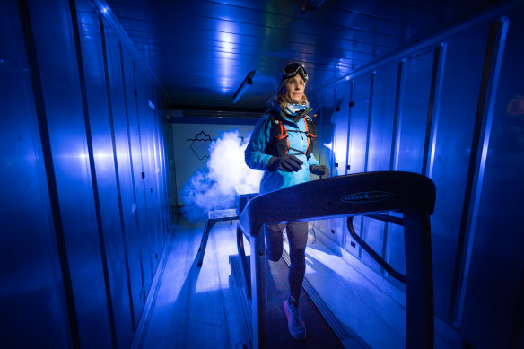 Pain scientist Donna Urquhart on the treadmill in a freezer container as she prepares for her world record attempt in Antarctica.