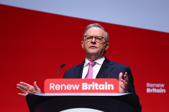 Prime Minister Anthony Albanese addresses the UK Labour Annual Conference in Liverpool during his visit to Britain.