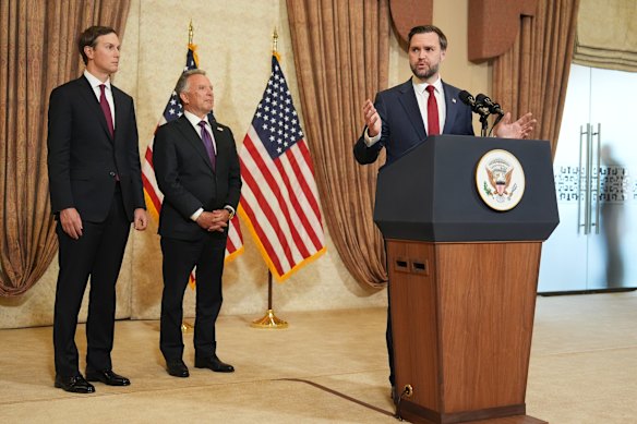 Vice President JD Vance, right, pictured on April 12 after the failed talks with representatives from Pakistan and Iran. Jared Kushner, left, and Steve Witkoff also attended the talks.