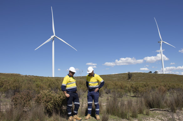 Staff from renewables firm Squadron Energy at Crudine Ridge Wind Farm, 45km south of Mudgee, NSW.