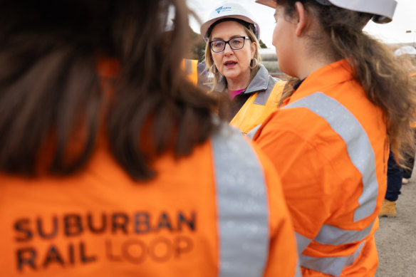 Premier Jacinta Allan, then the minister for the Suburban Rail Loop, inspects early works in Burwood in August. 