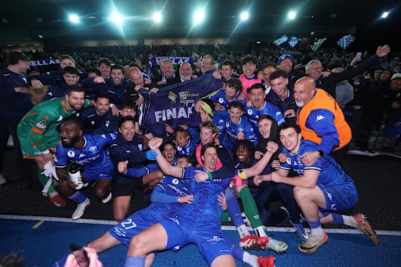 South Melbourne players celebrate their semi-final win.