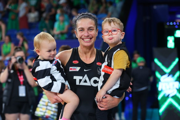 Ash Brazill with her children after the round three Super Netball match between West Coast Fever and Collingwood. 