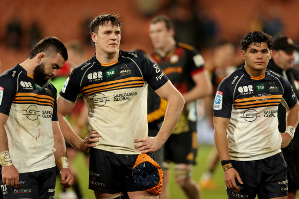 Luke Reimer and Tom Hooper look dejected after the Brumbies bowed out to the Chiefs in Waikato. (Photo by Phil Walter/Getty Images)