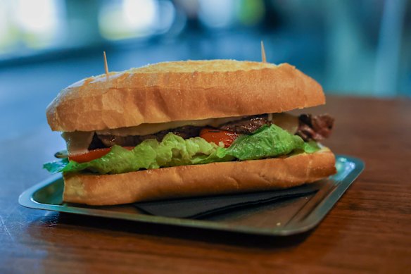Steak sandwich with eye fillet, onion jam and gruyere.