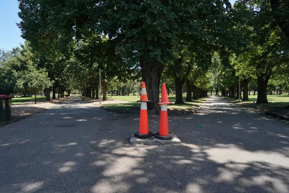 All that is in place after the most recent vandalism is the memorial base with some traffic cones. 