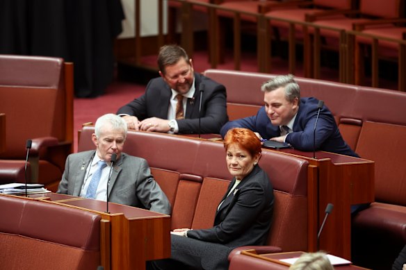 Pauline Hanson with her One Nation colleagues (from left) Malcolm Roberts, Tyron Whitten and Sean Bell this week.