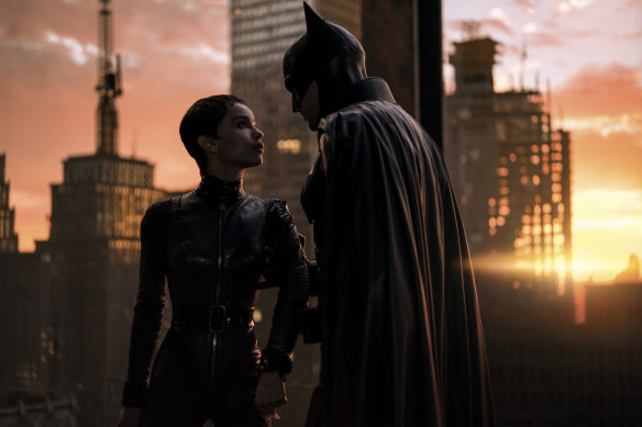 Zoe Kravitz as Selina Kyle with Pattinson in a scene from The Batman.