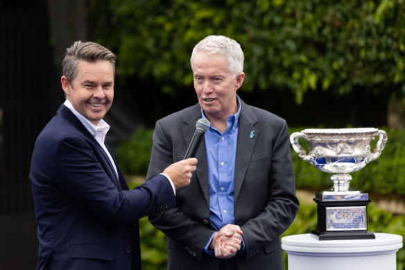 Tennis Australia chief executive Craig Tiley and commentator Todd Woodbridge on Monday.
