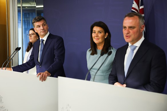 New Opposition Leader Angus Taylor with opposition finance spokeswoman Claire Chandler, spokeswoman for industrial relations Jane Hume and shadow treasurer Tim Wilson.