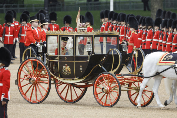 King Charles during Trooping the Colour at Horse Guards Parade in London on Saturday.