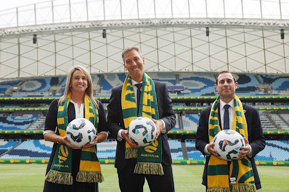 New Football Australia chief executive Martin Kugeler (centre) with Heather Garrick, executive general manager of football, and chairman Anter Isaac.