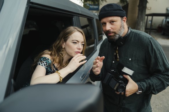 Emma Stone and director Yorgos Lanthimos on the set of <i>Kinds of Kindness</i>. 