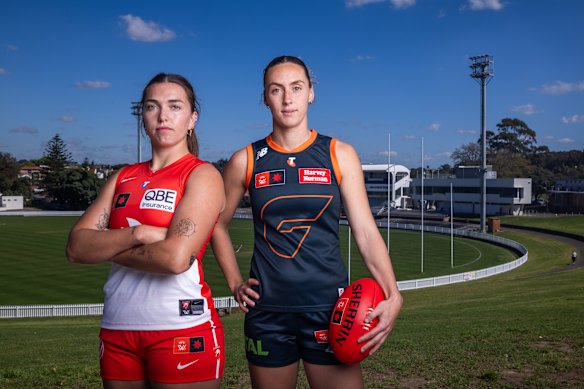Swans AFLW co-captain Cynthia Hamilton and Giants AFLW player Tarni Evans pose at Henson Park ahead of the Sydney Derby.