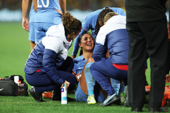 Selma Bacha of France is injured during the International Friendly match between the Australia Matildas and France.