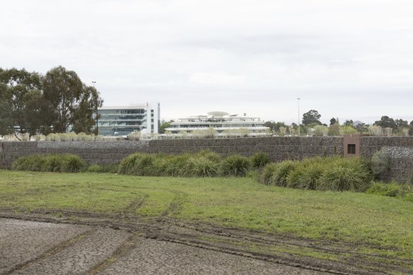 The flood wall around Flemington Racecourse on Monday.