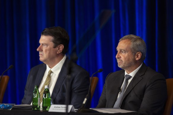 Magellan non-executive director Hamish McLennan and chairman Andrew Formica at the company’s AGM on Wednesday.