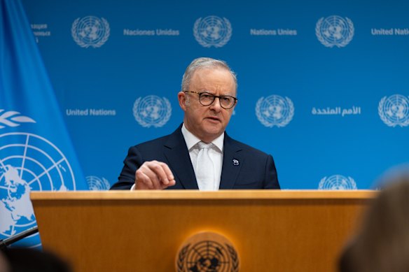 Prime Minister Anthony Albanese during a press conference on Monday about Australia’s campaign to serve on the UN Security Council at the United Nations