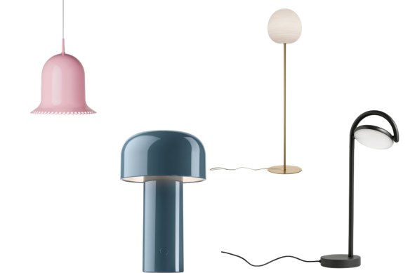 Lolita suspension lamp; the Bellhop table lamp packs; Foscarini Rituals XL floor lamp; The Marselis table lamp.