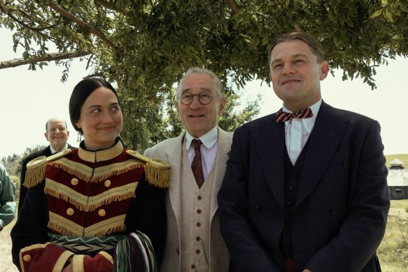 Lily Gladstone with Robert De Niro (middle) and Leonardo DiCaprio in <i>Killers of the Flower Moon</i>.