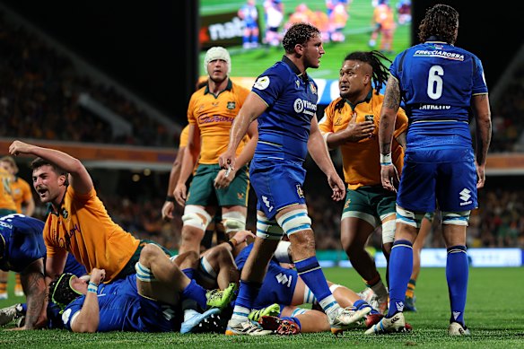 Brandon Paenga-Amosa of the Wallabies celebrates a try.
