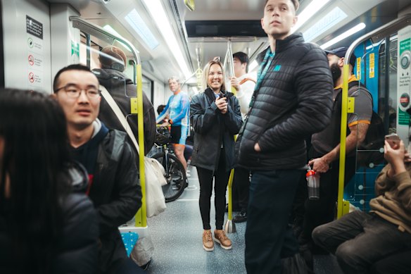 The first passengers on the Metro train during the early hours of the morning.