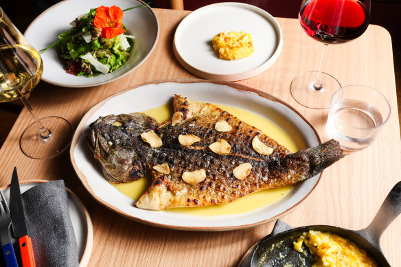 Whole Murray cod, fried garlic and pil pil with leaf salad and saffron rice.