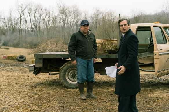 Bill Camp (left) as farmer Wilbur Tennant and Mark Ruffalo as Robert Bilott in “Dark Waters”. 