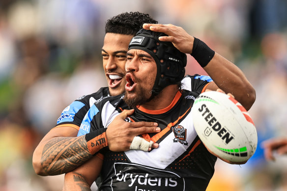 Isaiah Papali’i celebrates after his try gives the Tigers an early lead in Tamworth.