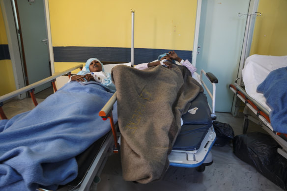 Rescued migrants receive hospital treatment on the Greek island of Lesbos.