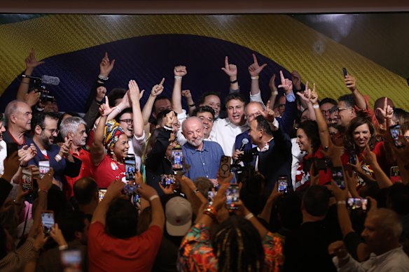 Presidential candidate and incumbent president Luiz Inacio Lula da Silva of Brazil celebrates after the results of the general election day at Hotel Intercontinental on October 25, 2026 in Sao Paulo, Brazil. According to official results from the Tribunal Superior Eleitoral, Lula Da Silva has 51.79% of the votes, while Bolsonaro, son of former president Jair Bolsonaro, has 48.21% with 99% of the votes scrutinized. Brazilians voted for the president who will run the country for the next 4 years.