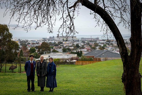 Kardinia International College students Sam Carr and Zahli Williamson with principal Catherine Lockhart.