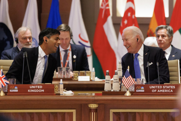 British Prime Minister Rishi Sunak speaks to US President Joe Biden during the G20 Leaders’ Summit in Delhi.