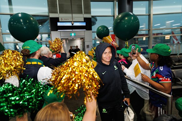 Mary Fowler arrives at Sydney airport ahead of the 2026 Asian Cup final. 
