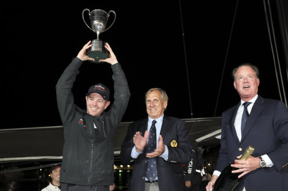 John Winning and John Winning Jr and crew aboard Andoo Comanche have taken line honours in the 2022 Sydney to Hobart yacht race