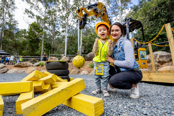 Annika Leiper and son Archer, 4, are among the first to try Dig It at Thunderbird Park in Queensland.