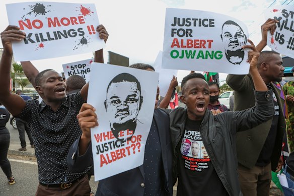 Demonstrators react to the death in custody of Kenyan blogger Albert Ojwang.
