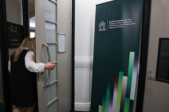 The entrance to the courtroom where the opening hearing for the Big Build royal commission took place on Wednesday.