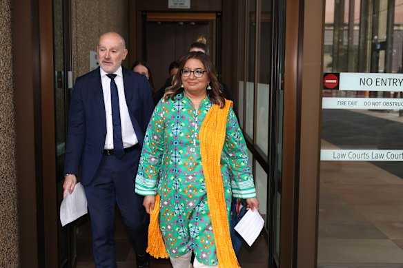 Senator Mehreen Faruqi and her lawyer Michael Bradley leaving the Federal Court in Sydney after her victory last year.