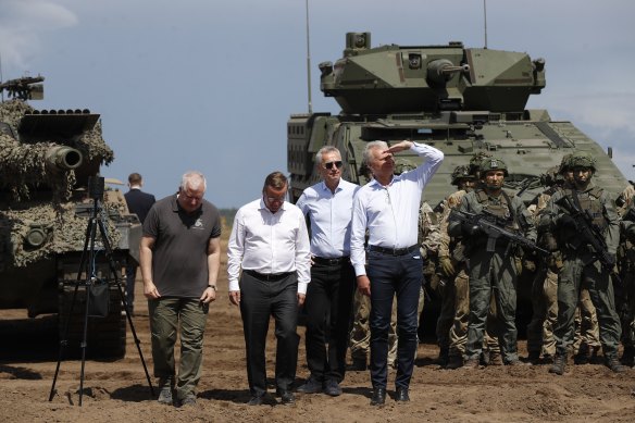 From left, Lithuanian Defence Minister Arvydas Anusauskas, German Defence Minister Boris Pistorius, NATO Secretary General Jens Stoltenberg and Lithuania’s President Gitanas Nauseda in Lithuania.