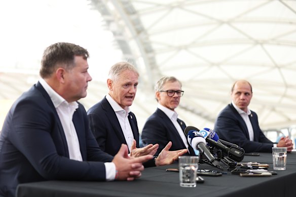 Rugby Australia high performance boss Peter Horne (far left), Joe Schmidt, Les Kiss and RA chief executive Phil Waugh.