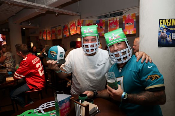 Shane Siegersma and Daniel Miller at a Super Bowl watch party at the Hickens Hotel in Melbourne.