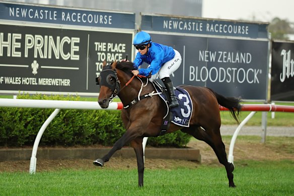 Rachel King pilots Green Spaces to victory in the Spring Stakes at Newcastle.
